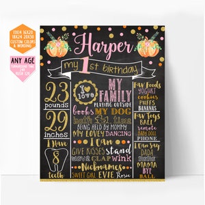 Letrero de pizarra con el primer cumpleaños de calabaza, tablero de cumpleaños rosa y dorado, letrero de hito, póster de estadísticas de cumpleaños, letrero de otoño para niña, imprimible 001