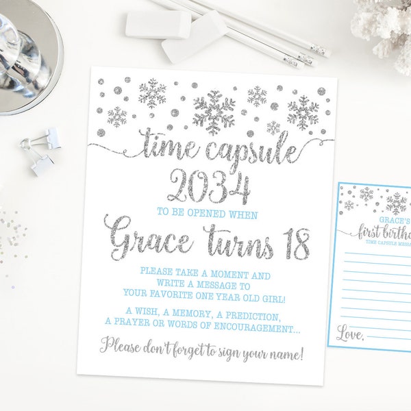 Winter onederland Time capsule first birthday, light blue and silver, boy first birthday party, snowflakes birthday, printable print 005