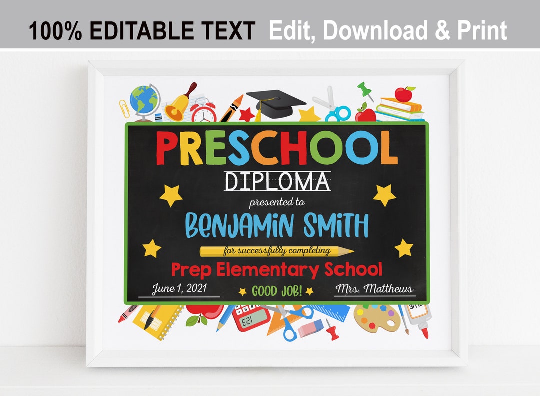 EDITABLE Preschool Graduation Diploma Printable, Kids Personalized