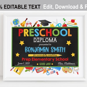 Diploma de graduación de preescolar EDITABLE imprimible, Certificado de jardín de infantes personalizado para niños, Plantilla de pizarra PreK de descarga instantánea 8x10