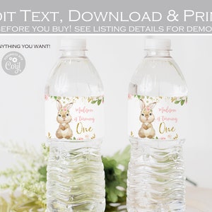 Bunny Water Bottle Labels, Blush pink Floral Some bunny is one Birthday Party, Girl Baby shower Table Decor Printable, Editable template