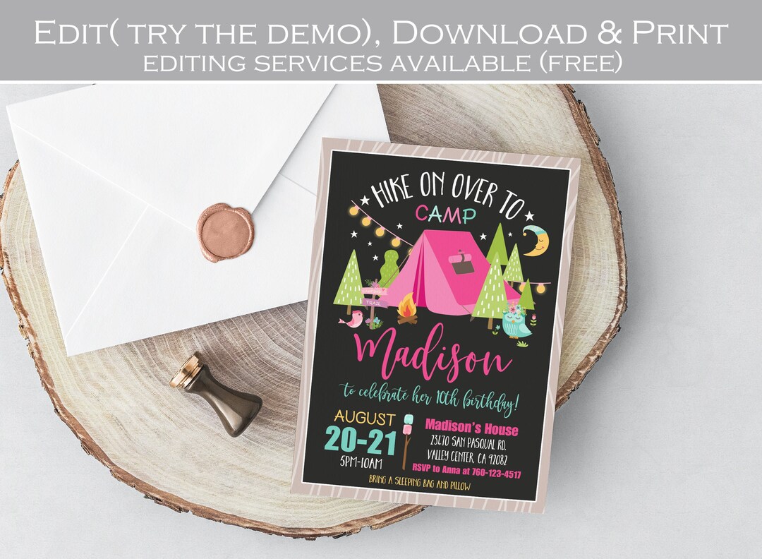 Editable Glamping Party Invitation Camp Out Birthday Invite Bonfire ...