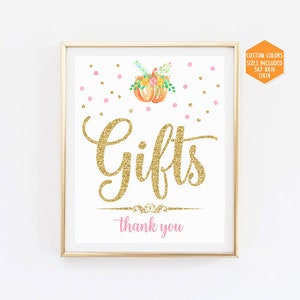 Gifts sign printable, fall girl baby shower sign, pink and gold, pumpkin first birthday party, autumn bridal shower, instant download, 001
