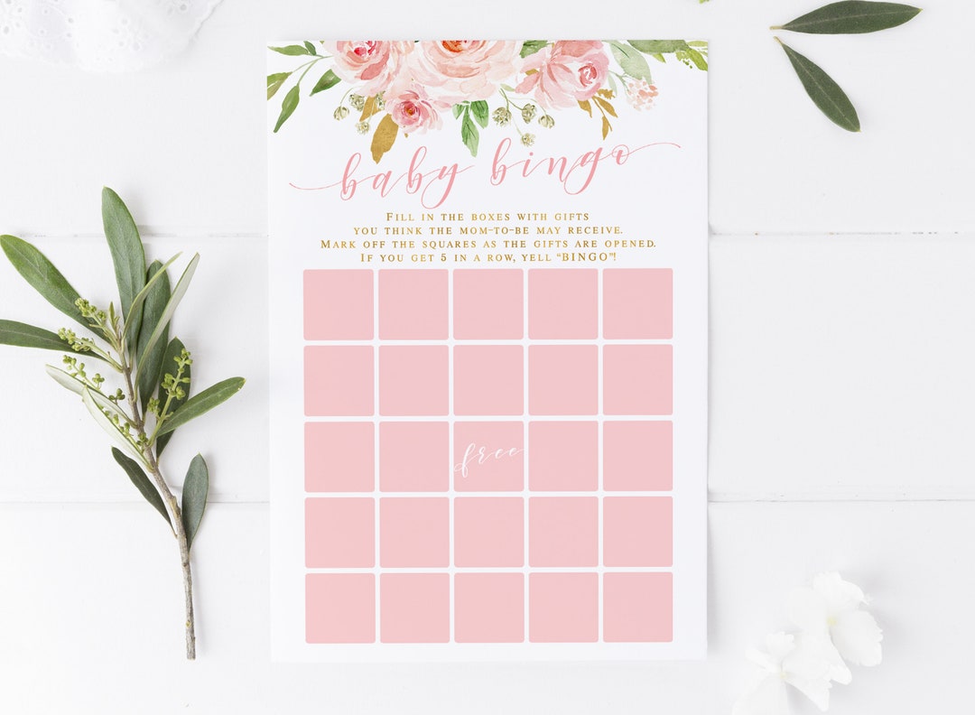 Baby Bingo Game Printable, Floral Girl Baby Shower Party Games, Blush ...