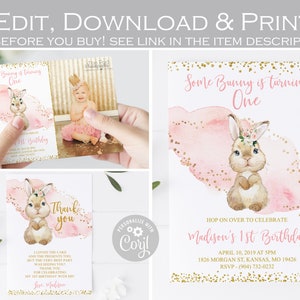 Bewerkbare Bunny verjaardagsuitnodiging, Sommige Bunny is één uitnodiging, Floral blush roze en goud 1e verjaardag, Bedankkaart, ELKE LEEFTIJD sjabloon