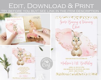 Editable Bunny birthday invitation, Some bunny is one invitation, Floral blush pink and gold 1st birthday, Thank you card, ANY AGE template