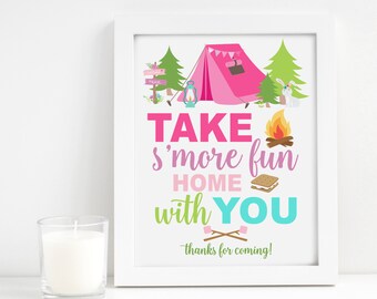 S'mores bar sign printable, Take s'more fun home with you, girl camping birthday party, Camp table decorations, Glamping Party favors 006
