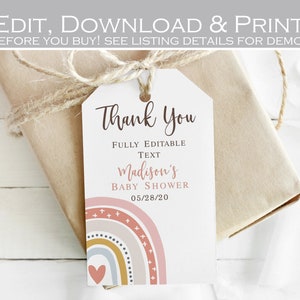 EDITABLE Boho rainbow thank you tag printable, baby shower favor tag template, Bridal shower, Birthday party, Personalized Instant Download