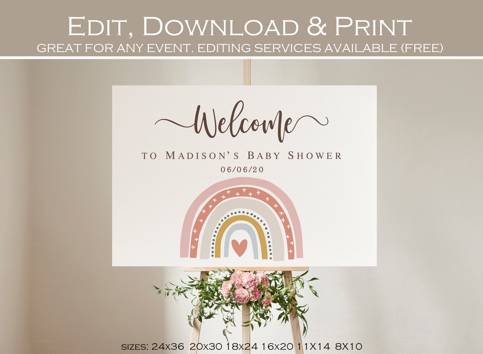Boho Rainbow Baby Shower Bow Raffle Sign and Tickets Printable, Muted ...