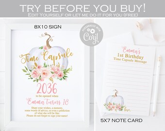 Floral Pumpkin Time Capsule First Birthday Sign And Cards, Our little pumpkin is turning one decoration, blush pink and gold, Editable