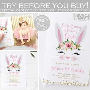 Convite de aniversário de coelho editável, algum coelho é um convite de foto, cartão de agradecimento de primeiro aniversário rosa e dourado, modelo floral, QUALQUER IDADE 002
