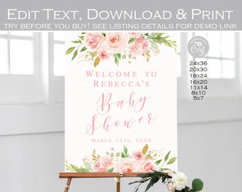 EDITABLE Floral Baby shower Welcome Sign printable Blush pink and gold girl 1st birthday party decorations Bridal shower poster template 010