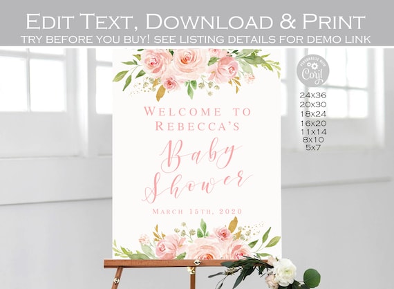 Blush Baby Shower Sign Pink and Gold Instant Download Its a Girl Baby Shower Sign Floral Baby Shower Welcome Sign