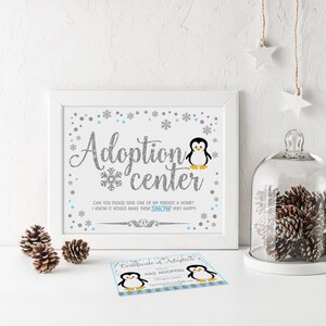 Penguin Adoption Center Sign and Certificate printable, winter onederland party favors, blue and silver,  winter wonderland gifts sign 005