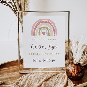 Bearbeitbare Boho Regenbogen Benutzerdefinierte Schild Vorlage, Regenbogen Baby Shower 8x10 & 5x7 Zeichen Gedeckte Regenbogen Geburtstag Party Dekorationen, Bearbeitbarer Text 013