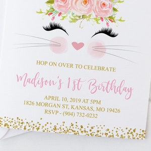 May include: A pink and white bunny-themed first birthday party invitation with gold glitter accents. The invitation says "Hop on over to celebrate Madison's 1st Birthday" and includes the date, time, address, and RSVP information.