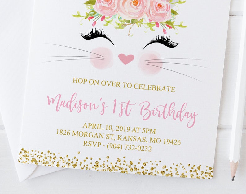 May include: A pink and white bunny-themed first birthday party invitation with gold glitter accents. The invitation says "Hop on over to celebrate Madison's 1st Birthday" and includes the date, time, address, and RSVP information.