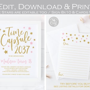 Zeitkapsel erste Geburtstagszeichen- und Nachrichtenkarten, Mädchen-Twinkle-funkelnder kleiner Stern erste Geburtstagsfeier, rosa und Gold, bearbeitbare Vorlage