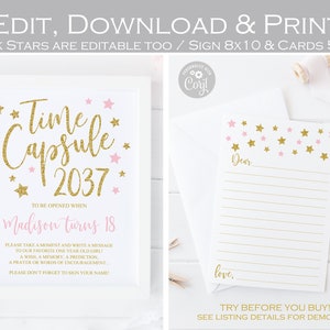 Time Capsule First Birthday Sign And Message Cards, Girl Twinkle twinkle little star first birthday party, pink and gold, Editable template