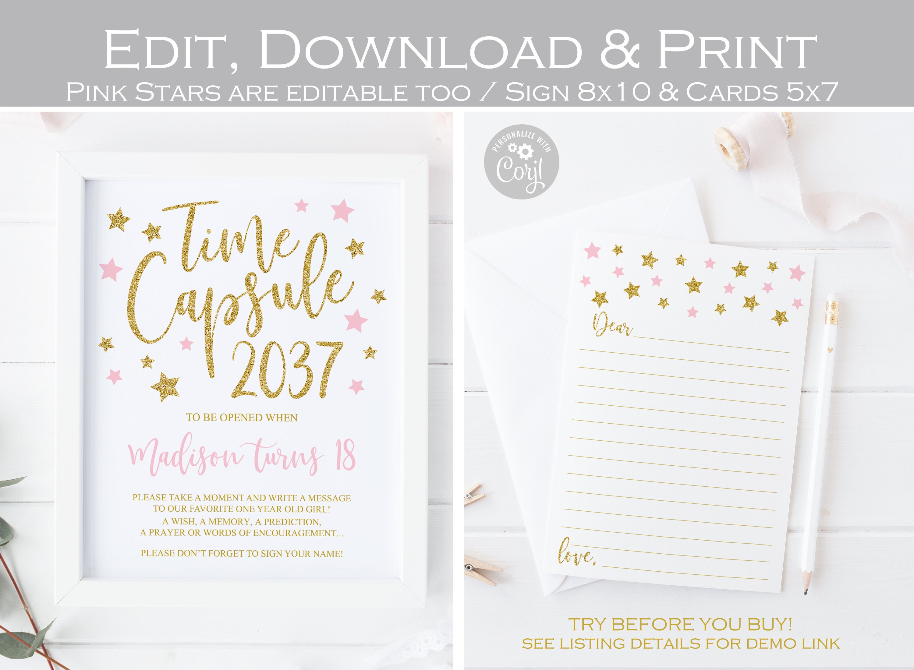 Time Capsule First Birthday Sign And Message Cards, Girl Twinkle twinkle little star first birthday party, pink and gold, Editable template