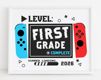 Niveau 1e klas voltooid 2026, laatste dag van 1e klas afdrukbaar bord, gamer einde schooljaar foto prop, digitaal bestand, directe download S2