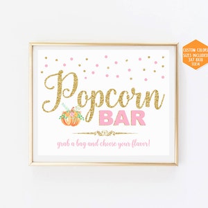 Popcorn bar sign printable, fall girl baby shower, pink and gold, pumpkin first birthday party, autumn bridal shower, instant download, 001