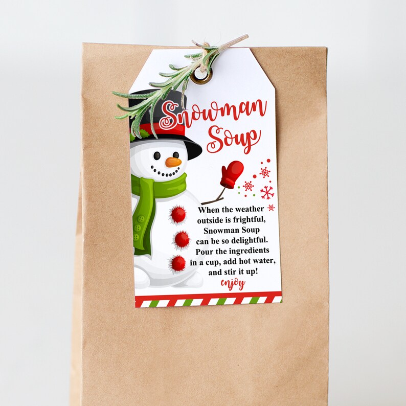 Snowman soup tags printable party favors kids christmas hang etsy