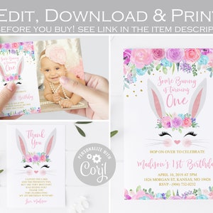 Invitación de cumpleaños de conejito editable, un conejito es una invitación, invitación fotográfica de 1er cumpleaños de Easter Pink y Gold, tarjeta de agradecimiento CUALQUIER EDAD 002