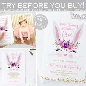 Convite de aniversário de coelhinho editável, algum coelhinho é um convite, convite para foto de primeiro aniversário, cartão de agradecimento rosa lavanda dourado QUALQUER IDADE 002
