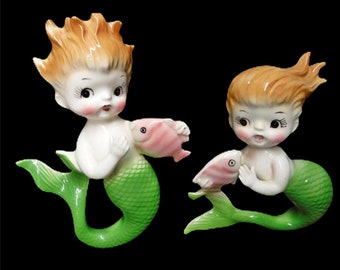 Vintage Norcrest Mermaid With Angel Fish Wall Plaques Japan Kitschy Retro Bathroom