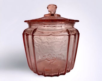 Pink Anchor Hawking Co Mayfair Open Rose Depression Glass Biscuit Barrel Cookie Jar