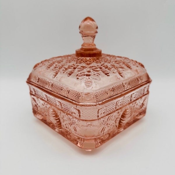 Indiana Glass Tiara Pink Honey Bees and Hives Covered Candy Dish