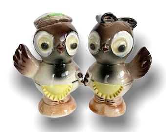 Entzückendes Eulen Paar Mit Google Augen Salz & Pfeffer Streuer Japan Anthropomorph