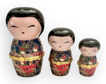 Vintage Set of 3 Porcelain Geisha Kokeshi Dolls Trinket Box Boxes