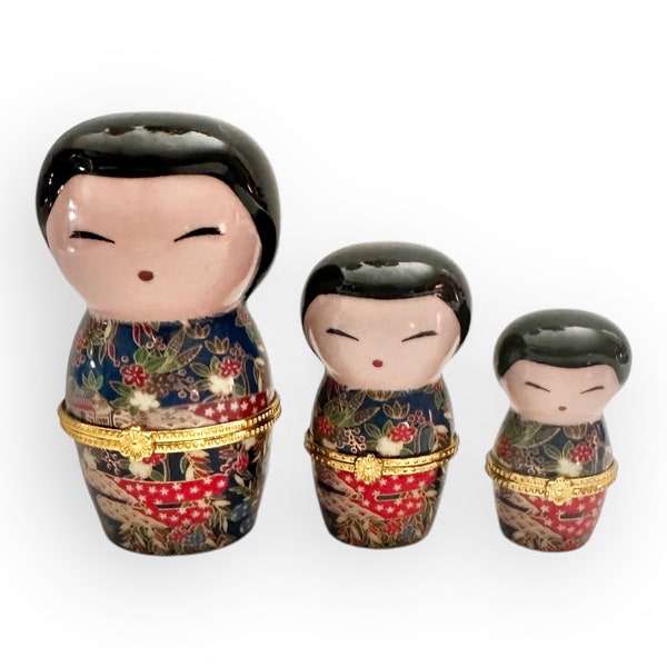 Ensemble vintage de 3 boîtes à bibelots en porcelaine Geisha Kokeshi Dolls