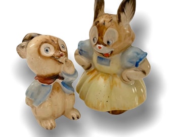 Vintage Bunny Mom and Child Salt & Pepper Shakers Mid Century Japan Anthropomorphic Kitschy