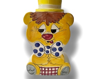 青い帽子をかぶったヴィンテージ風セラミック製クマ型クッキージャー
