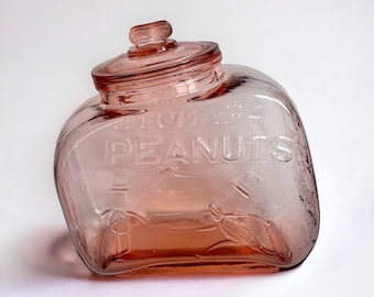 Planters Mr Peanut Pink Depression Glass Jar Store Counter Display