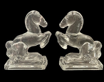 1940s LE Smith Glass Rearing Horse Bookends, Clear Glass