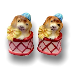 Vintage PY Puppy Dogs In Heart Shaped Boxes Salt & Pepper Shakers Mid Century Japan Valentines Day