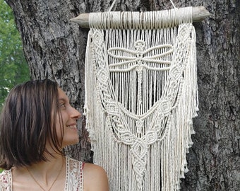 Large dragonfly wall hanging / neutral macrame /