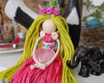 Spring Goddess macrame doll with rose quartz heart crystal / pink and green doll