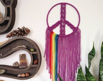 Purple rainbow macrame peace sign with clear quartz crystals