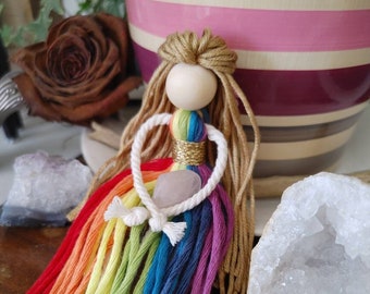 Mini Rainbow Guardian Macrame Doll with small rose quartz crystal / MADE TO ORDER