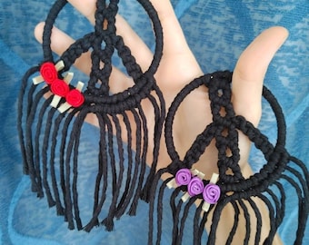 Whimsigoth black macrame mini peace sign with red and purple flowers