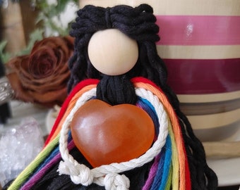 Black rainbow guardian macrame doll with peach selenite crystal heart / whimsigoth decor / altar doll