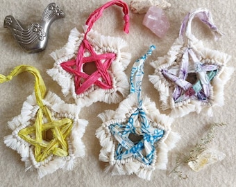 Rainbow Christmas ornament / bright colorful pentagram star / witchy decor / five pointed macrame star