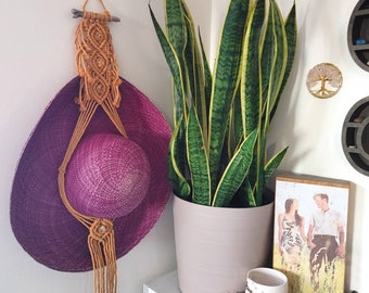 Golden mustard macrame hat hanger for wall featuring citrine crystals