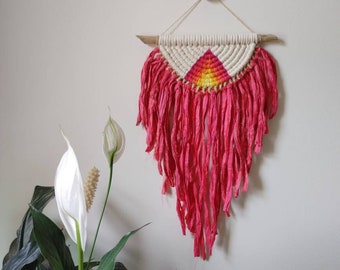 Pink fire wall hanging / hot pink macrame / Eclectic fiber art / pink and orange wall hanging / ombre wall hanging / semicircle