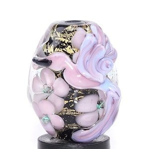 Lampwork Hummingbird Glass Bead Focal by Rebecca Jurgens, tropical bird, flowers, tropic, pink, lavender, gold, black, barrel, gold leaf